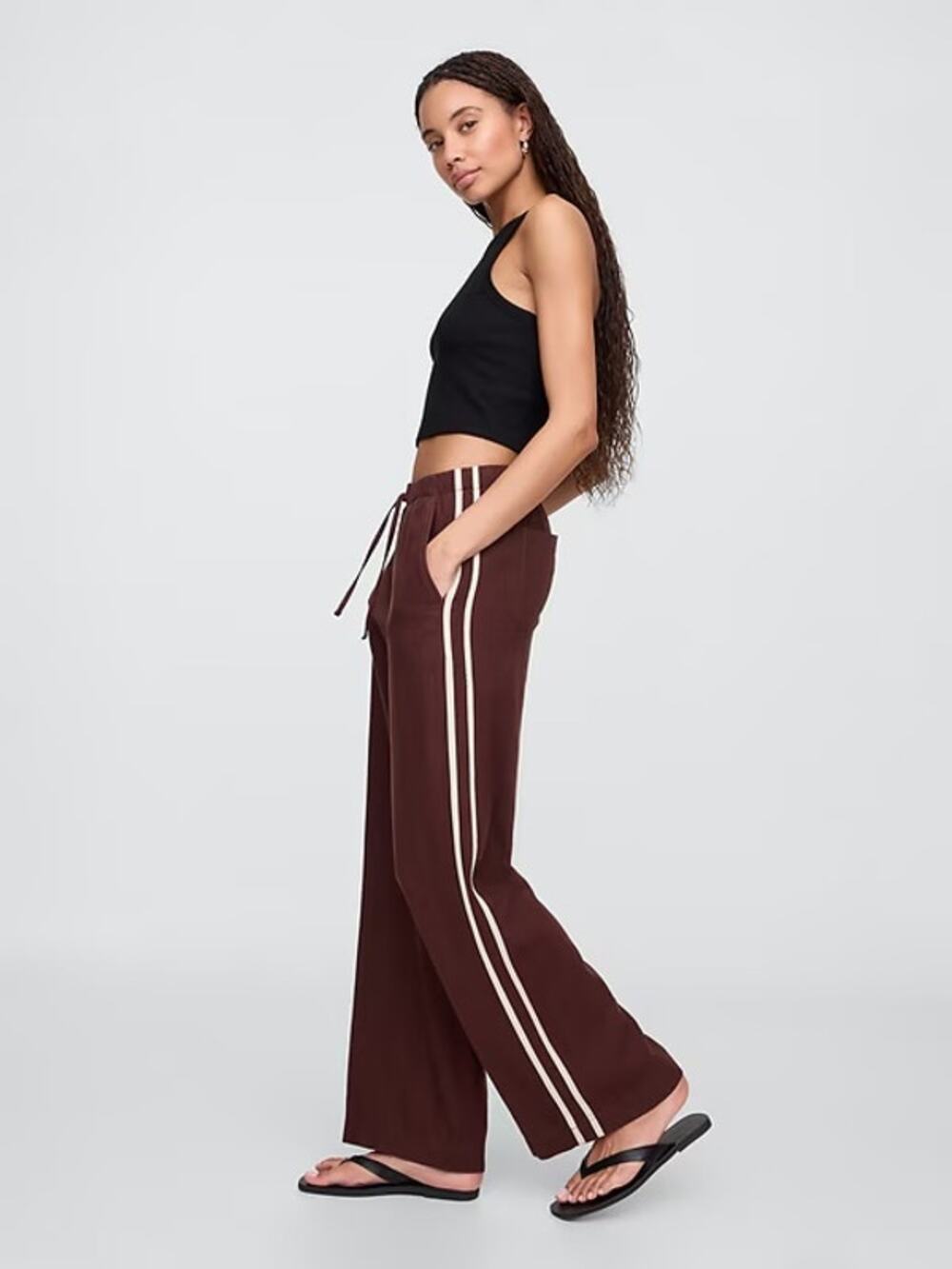 NWT Gap Mid Rise Linen-Blend Wide-Leg Pants Chocolate Bar Stripe Size M